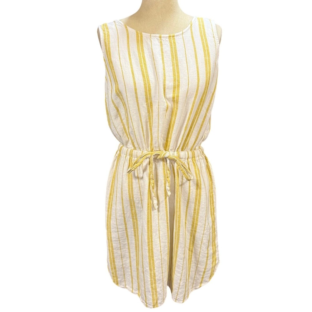 Old Navy L Woven Yellow Striped Linen Dress Sleeveless Summer Beach Spring Sunny